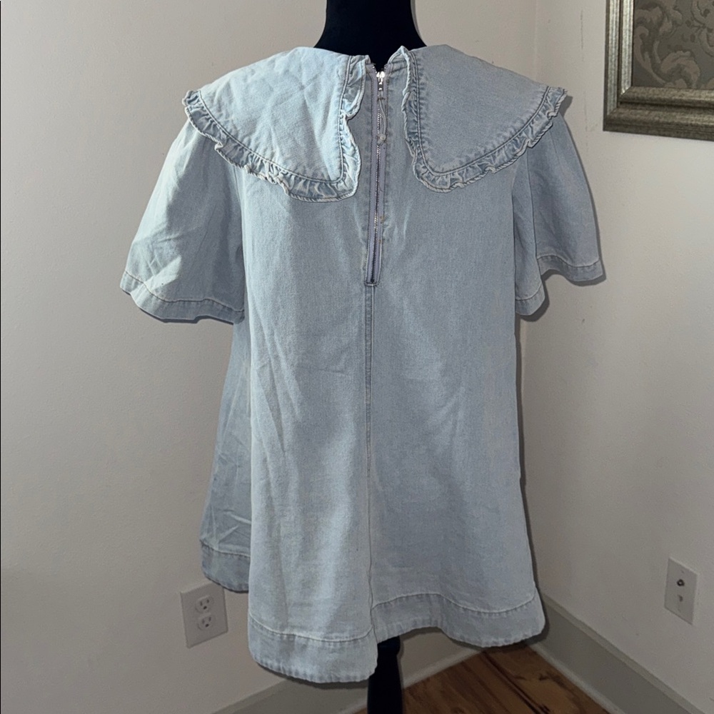 Amable by Mable Peter Pan collared light Wash denim mini dress shirt sleeve Sz S - Picture 8 of 15